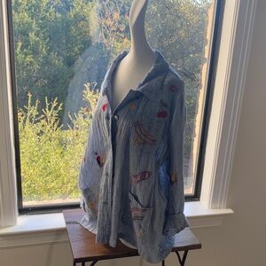 Cosmic Cowgirl Johnny Was Blue and White Striped Shirt with Fanciful Embroidery